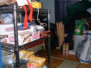 The blue room full of crap from the closet...our primary obstacle to crawlspace visits