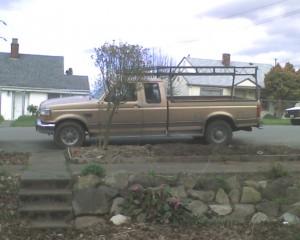 My Truck, the bio-beast, 1995 F250 Powerstroke Supercab (for the dog), it is a lot of thing, but it is not pink (nor is it Rosé)...